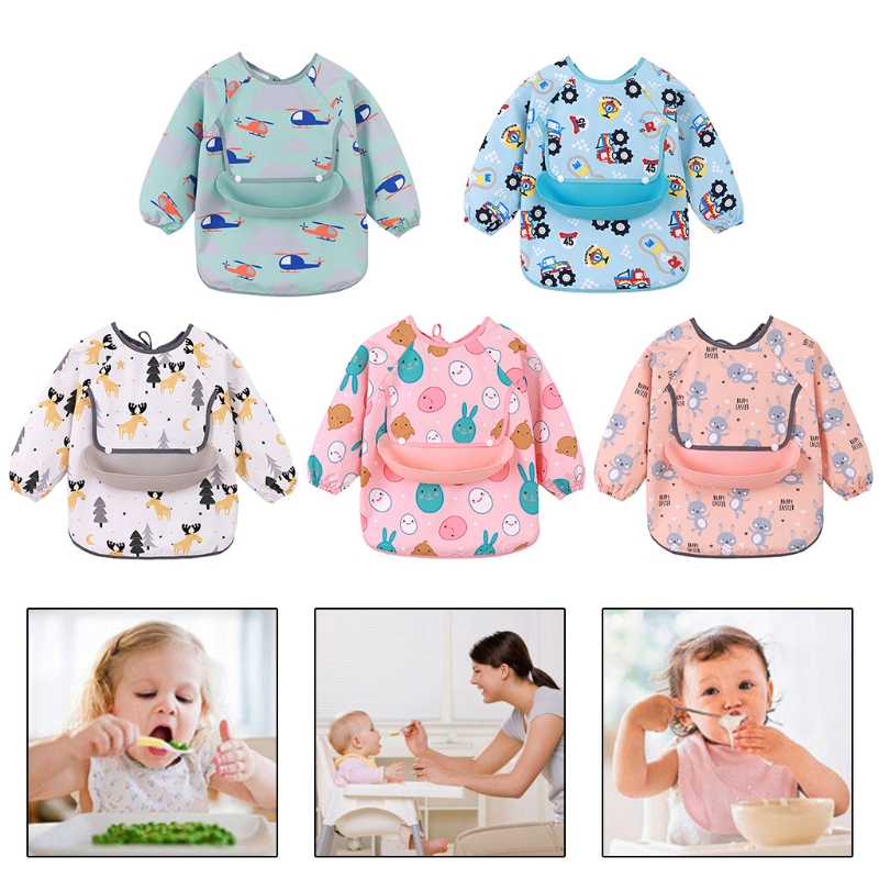 Waterproof Baby Cartoon Bibs Kids Adjustable Long Sleeve Painting Apron Infant Feeding Smock Burp Cloth